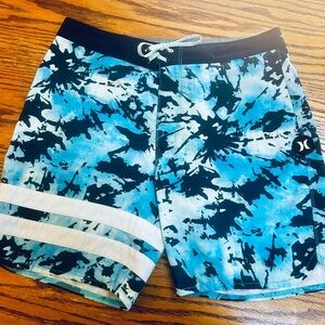 Hurley Blue and Black Board Shorts with Tie-Dye Design